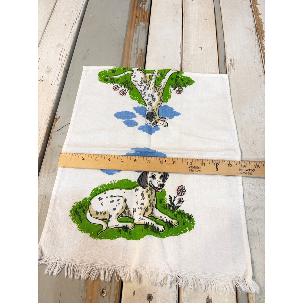 Vintage Dalmatian Dog Linen Tea Towel White Fringe Kitchen Hand Towel Retro - Picture 8 of 8